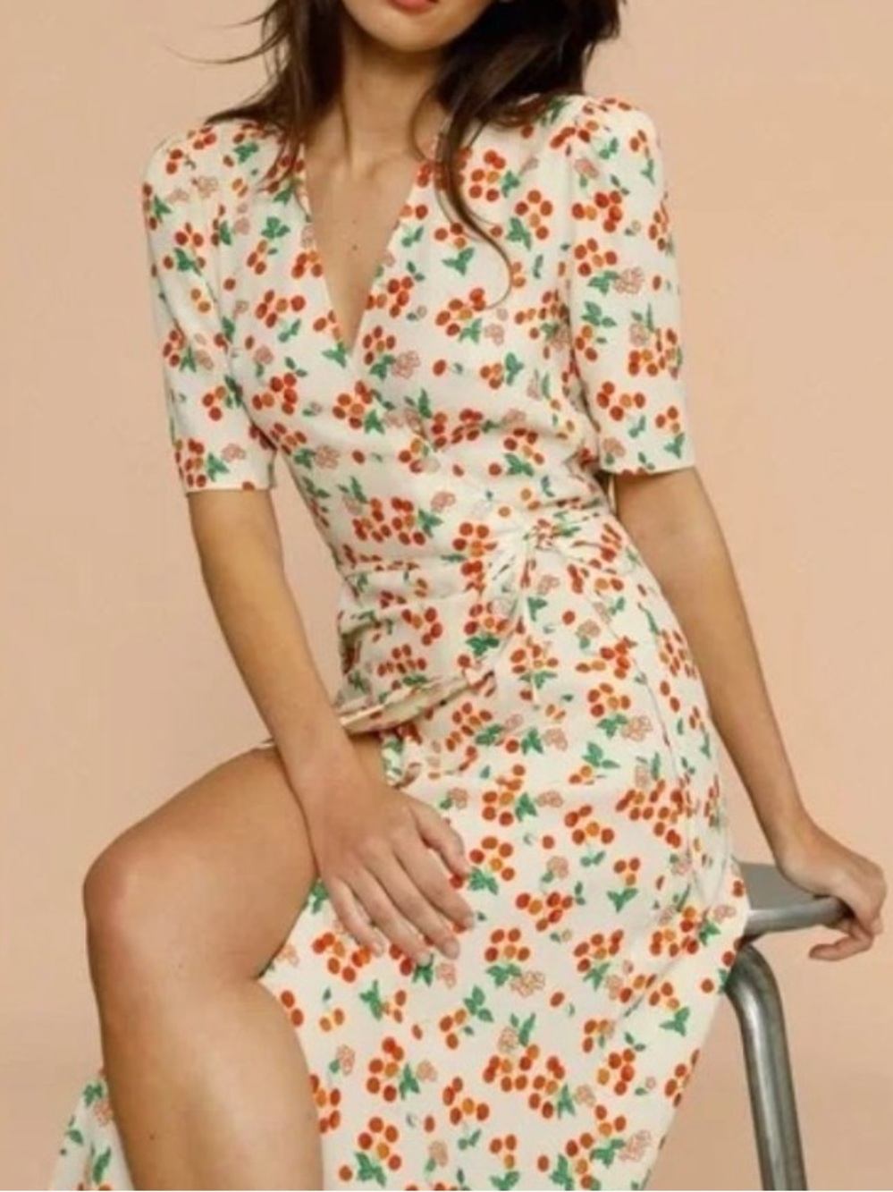Rouje Gabin Wrap Midi Dress Cherry Cream Cerise Orange 34/2